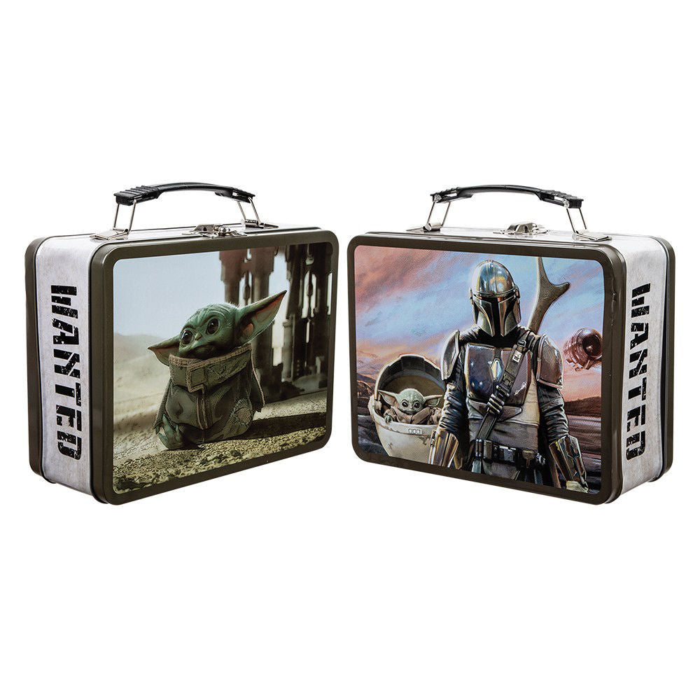 star wars the mandalorian large tin tote Views of the front and back of the tin featuring images of Grogu, Baby Yoda on one side and Mando and Grogu on the other.