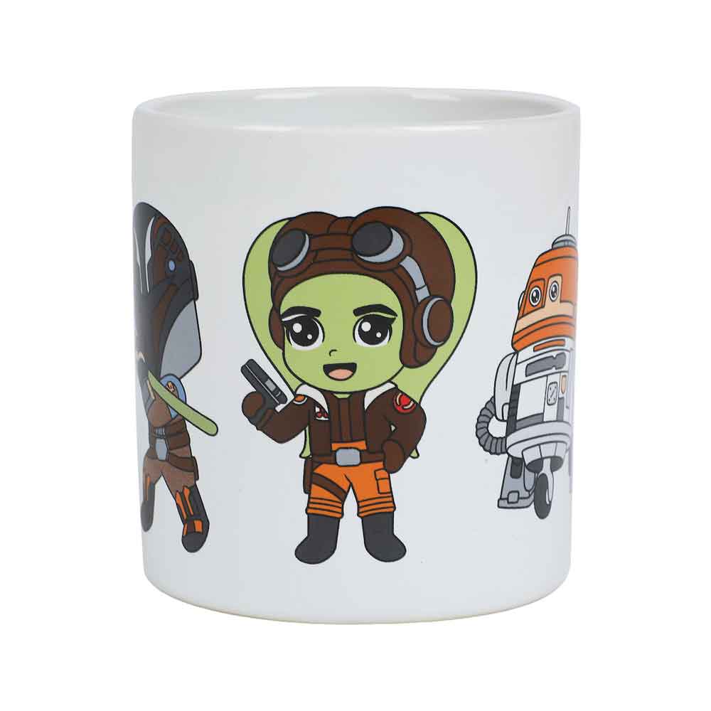 Side view of the Ahsoka coffee mug with a chibi styled Hera Syndulla character on it.
