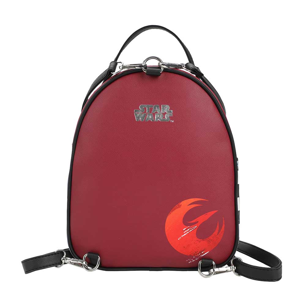 Back view of a mini backpack shaped like Sabine Wren of Star Wars helmet back is red burgundy with an orange Rebel Alliance logo, Straps are black. 