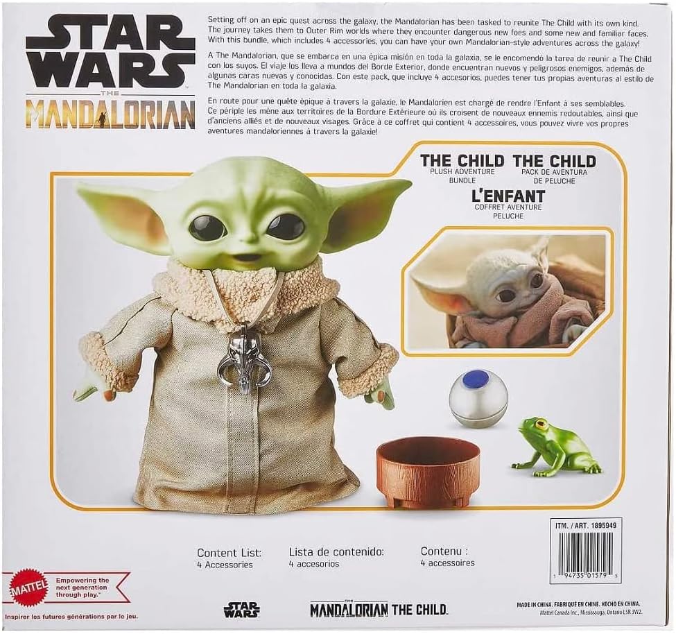 The Child,Baby Yoda, Grogu Plush with Adventure Kit: A cute plush toy of Grogu, packaged in a box with an included adventure kit which includes a frog, a bowl, shifter knob and Mythosaur pendant.