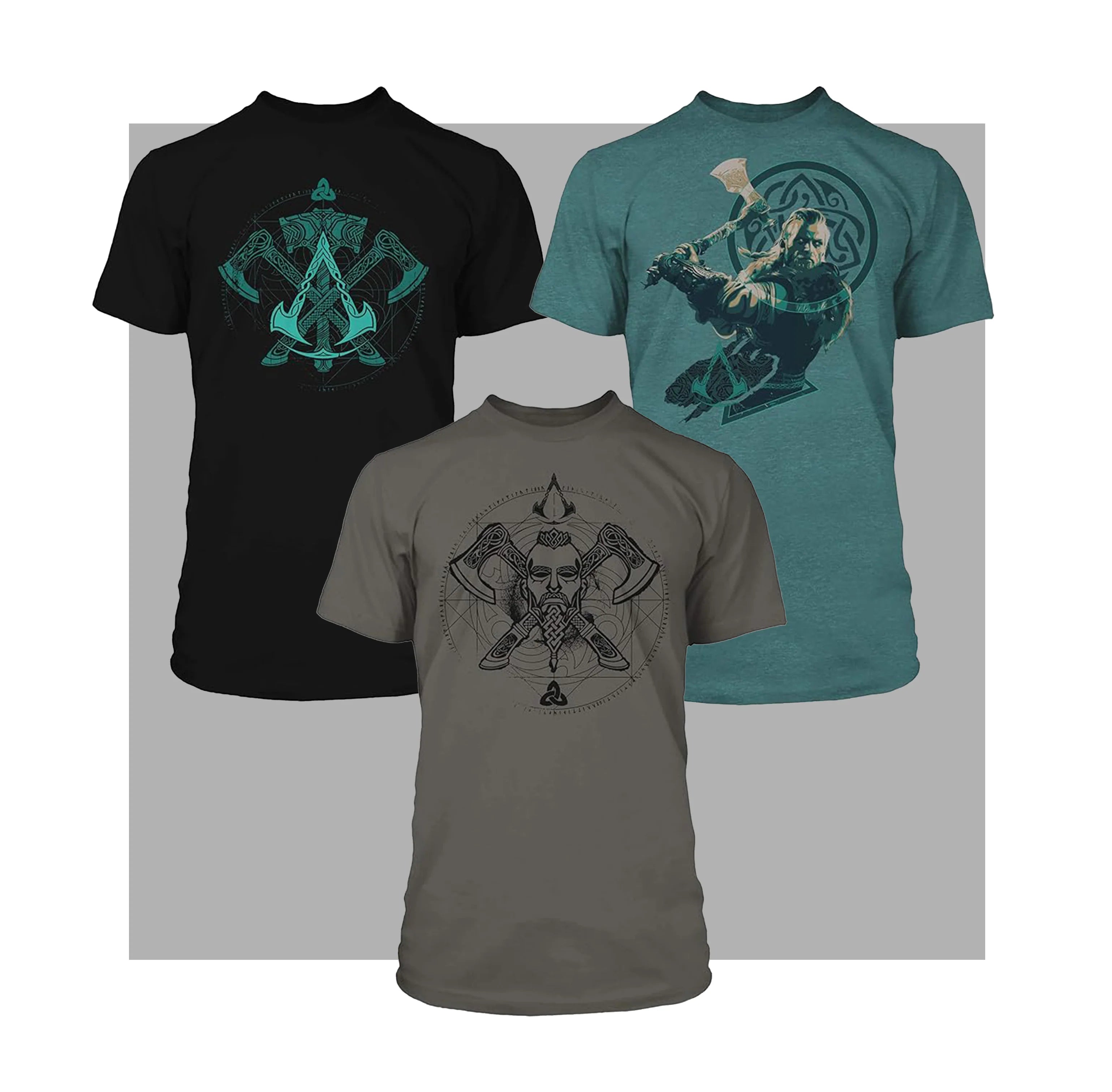 Image of three shirts Assassins Creed Valhalla viking with axes on one, Two axes and a hammer on another and the Viking Olaf on the third one.
