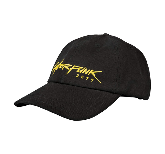 three quarter angle of a black curved bill hat with "Cyberpunk 2077" embroidered across the front