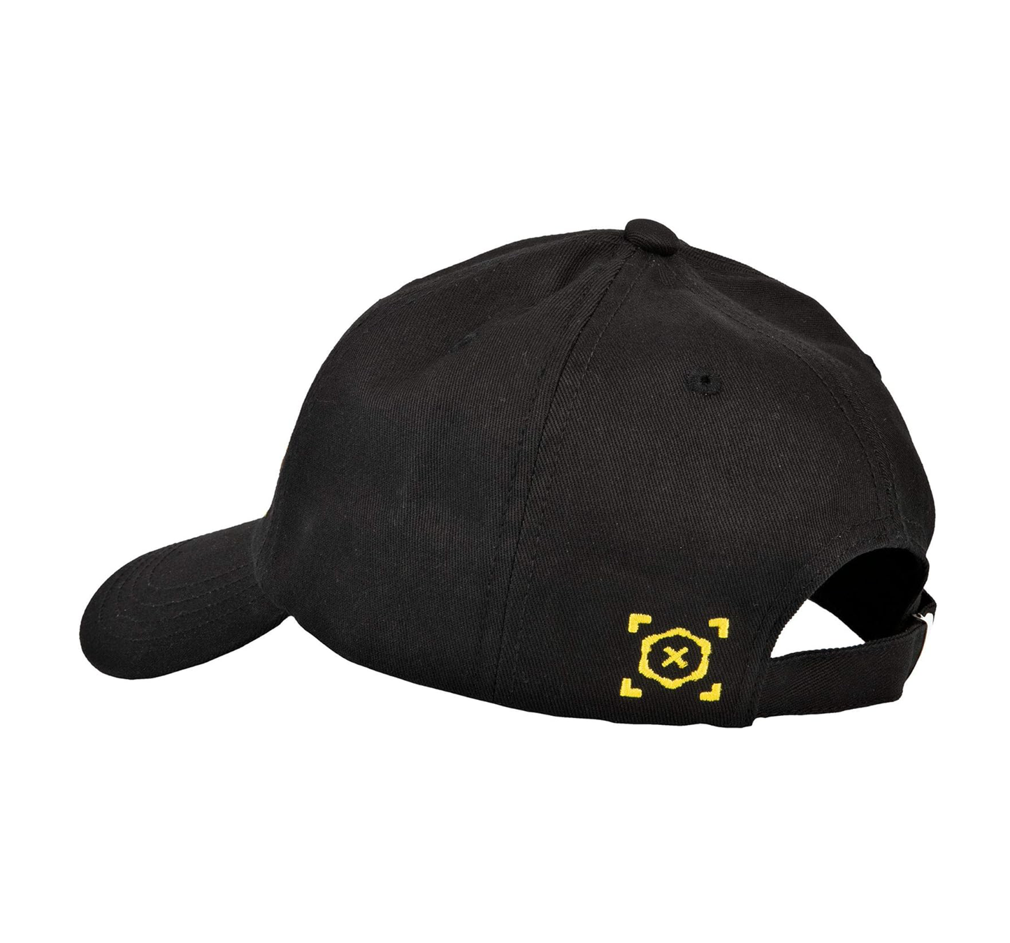 three quarter angle of a black curved bill hat with "Cyberpunk 2077" embroidered across the front and a gear logo on the back