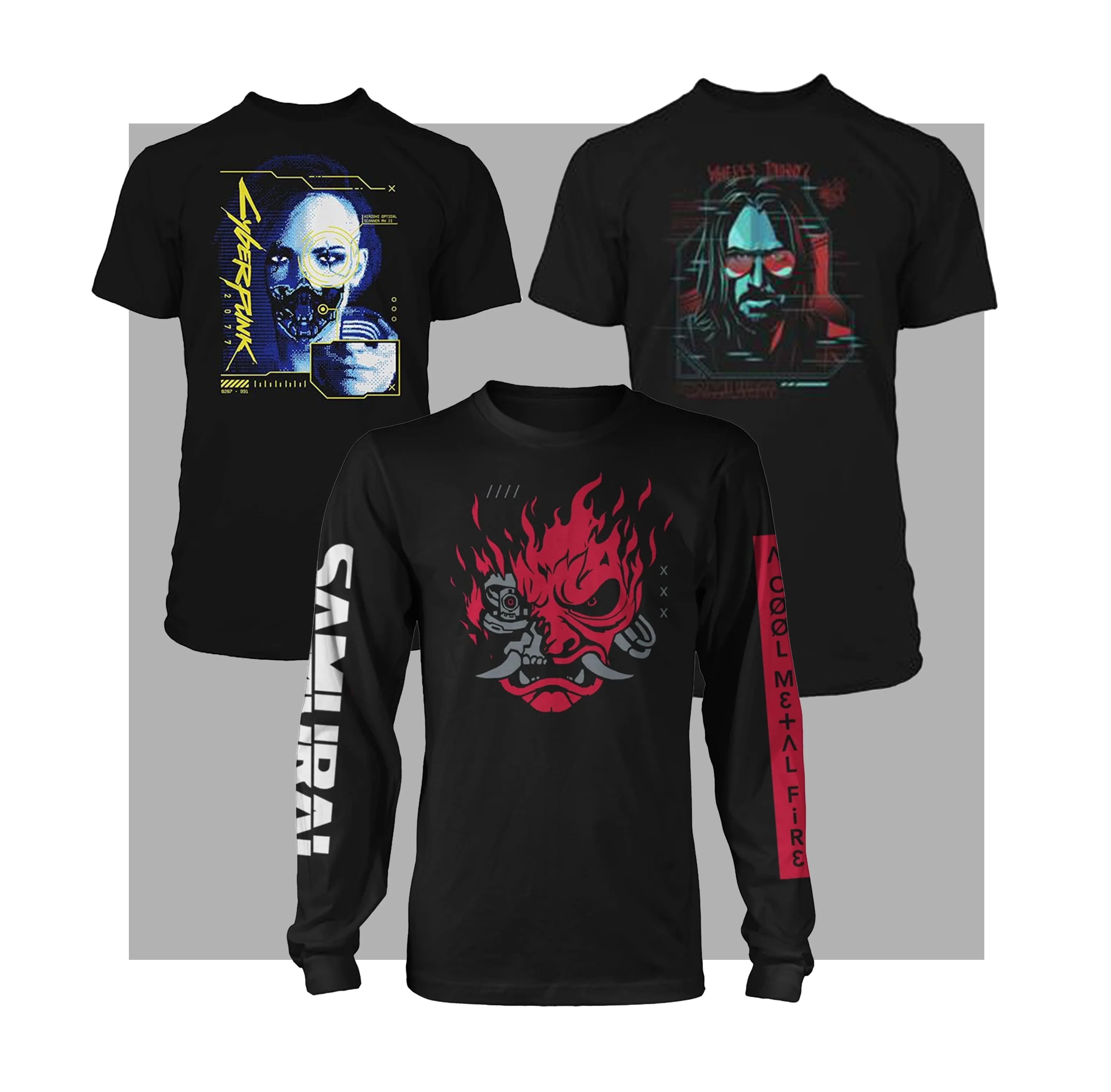 Image of three shirts one with a Cyber Samurai another with Johnny Silverhands face and a Cyber womans face.