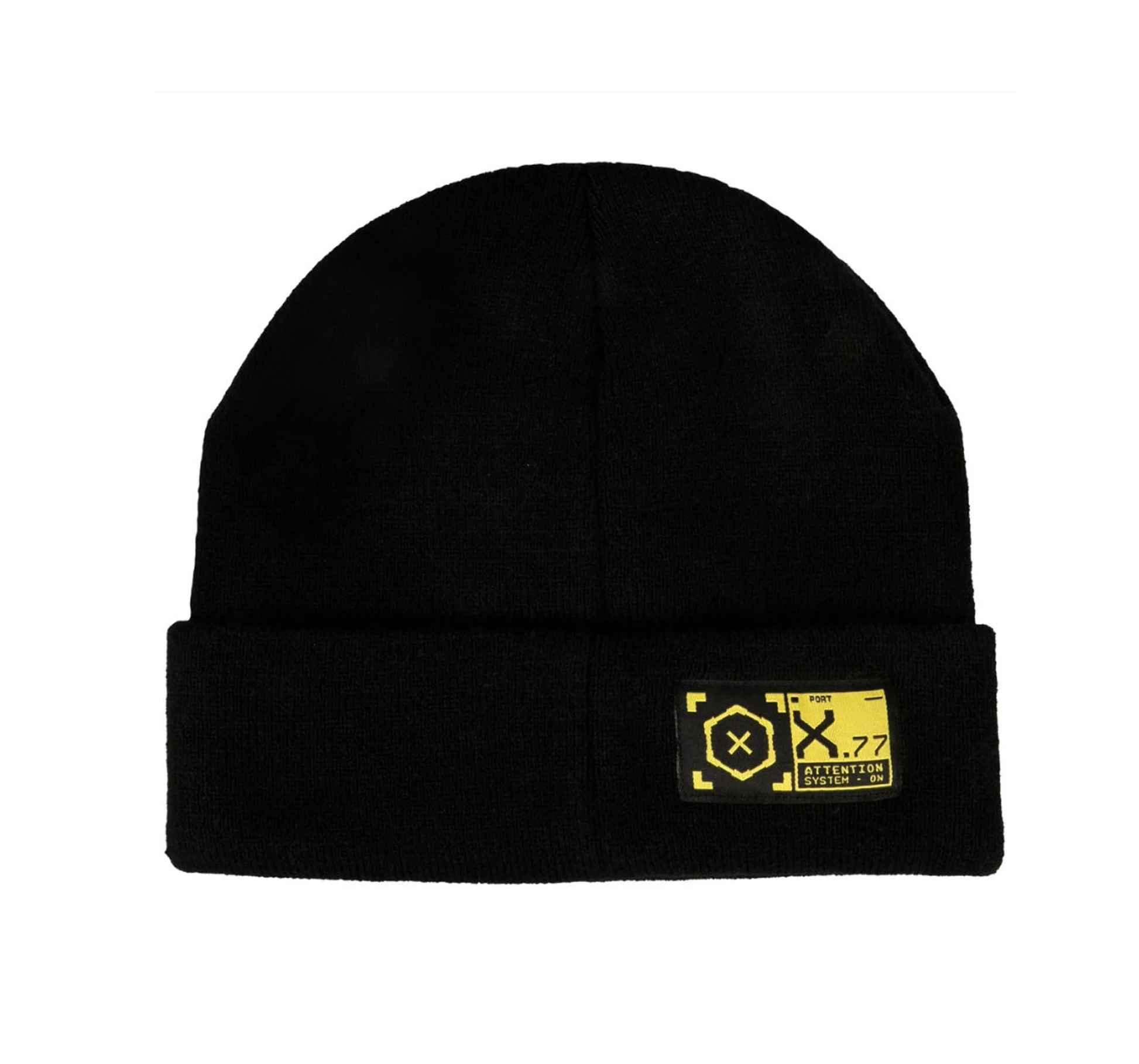 Black Beanie hat with knit cuff and a beautiful yellow embroidered Cyberpunk 2077 Logo on the front and Xport gear logo on the back
