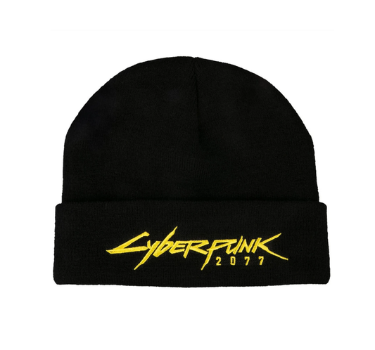 Black Beanie hat with knit cuff and a beautiful yellow embroidered Cyberpunk 2077 Logo