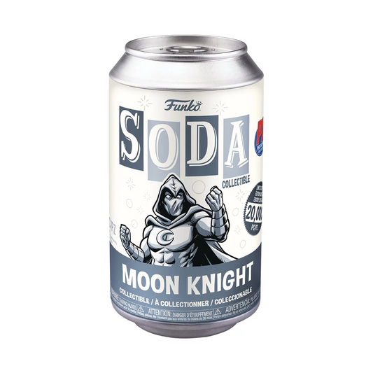 Funko Moon Knight Soda, Vintage Moon knight style graphic surrounds a container shaped like a soda can, inside is a vinyl figure