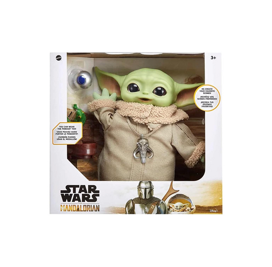 The Child,Baby Yoda, Grogu Plush with Adventure Kit: A cute plush toy of Grogu, packaged in a box with an included adventure kit which includes a frog, a bowl, shifter knob and Mythosaur pendant.