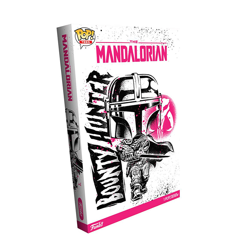 Star Wars Mandalorian - Funko Pop! The Mandalorian Tee featuring an image of a box with a a black Chibi style image of Mando and the Words Bounty Hunter on it, pink mythosaur image on upper right sid
