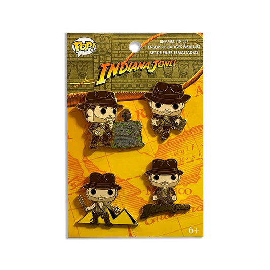 Image displaying a collection of Funko pins featuring various Indiana Jones characters and iconic symbols, perfect for fans and collectors