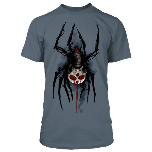 Cyberpunk 2077 Maelstrom Spider T-Shirt - Slate blue shirt crafted from supple 100% cotton, featuring an upside-down Maelstrom spider in black, red, white, and grey hues. Symbolizing the fierce Maelstrom gang in Night City's dystopian landscape