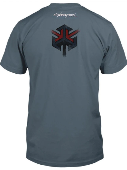 Cyberpunk 2077 Maelstrom Spider T-Shirt - Slate blue shirt crafted from supple 100% cotton, featuring an upside-down Maelstrom spider in black, red, white, and grey hues. Symbolizing the fierce Maelstrom gang in Night City's dystopian landscape