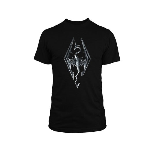 Black Shirt with Antiqued Silver image of the Skyrim Elders Scrolls Dragon on the front
