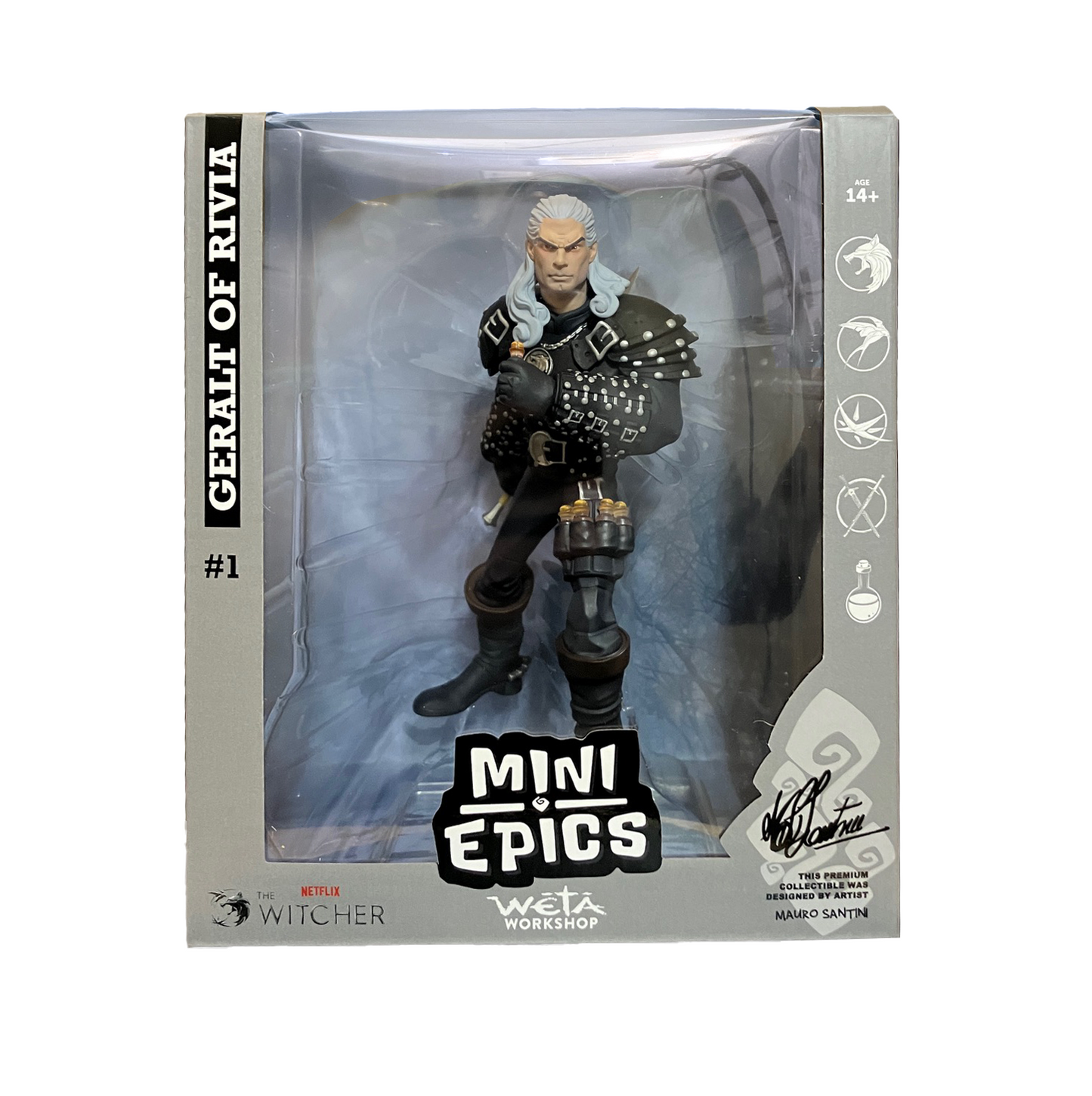 Weta Mini Epic figure of Geralt of Rivia character front view boxed