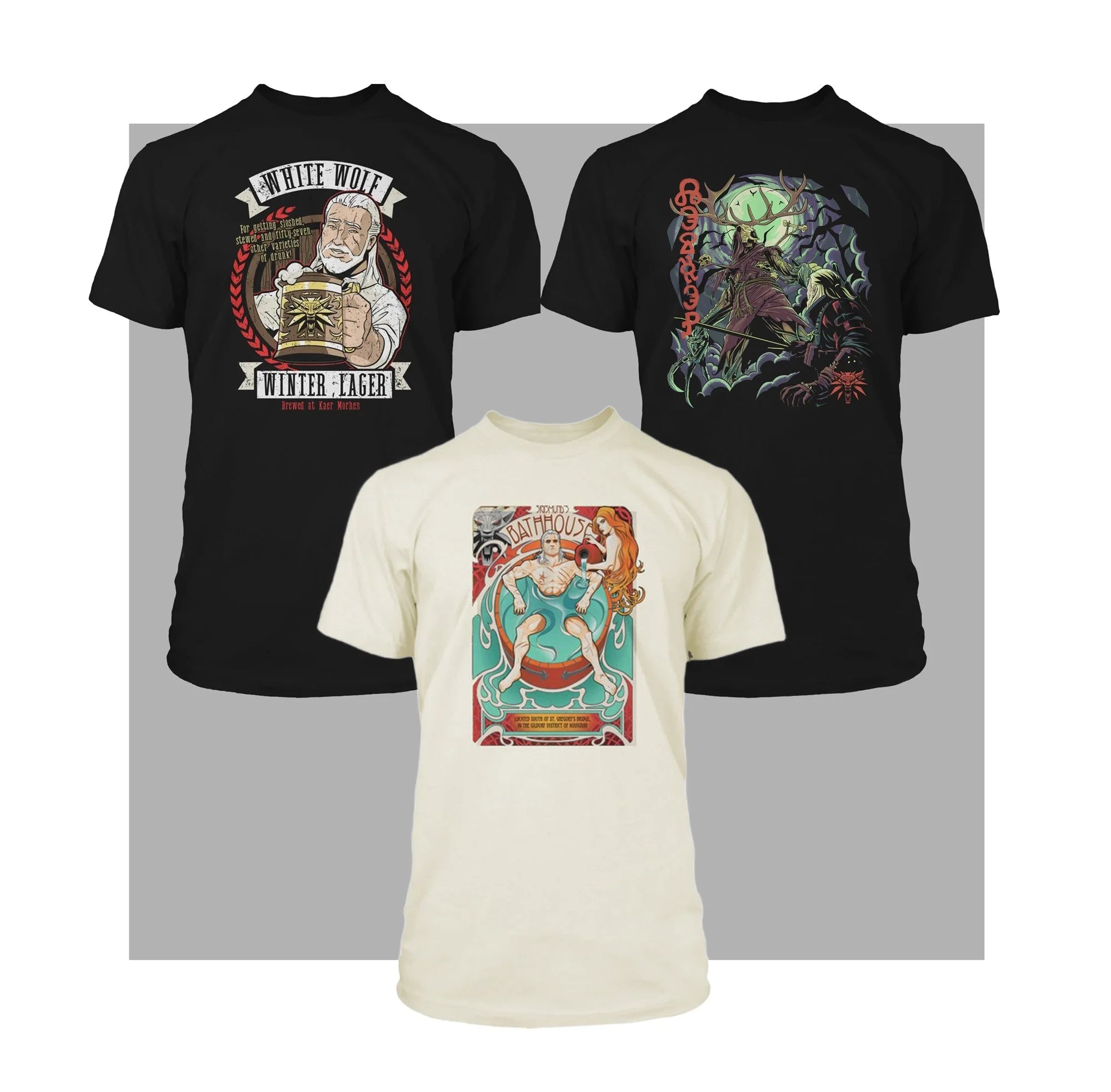 three Witcher shirts, one of Gerlat in a bathtub another with Geralt Holding a beer mug and a third of Geralt slaying a Basilisk.
