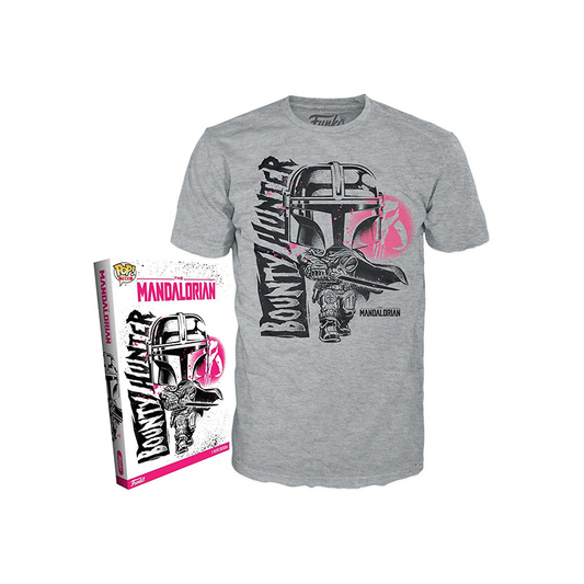 Star Wars Mandalorian - Funko Pop! The Mandalorian Tee featuring an image of a heather grey tee with a a black Chibi style image of Mando and the Words Bounty Hunter on it, pink mythosaur image on upper right side