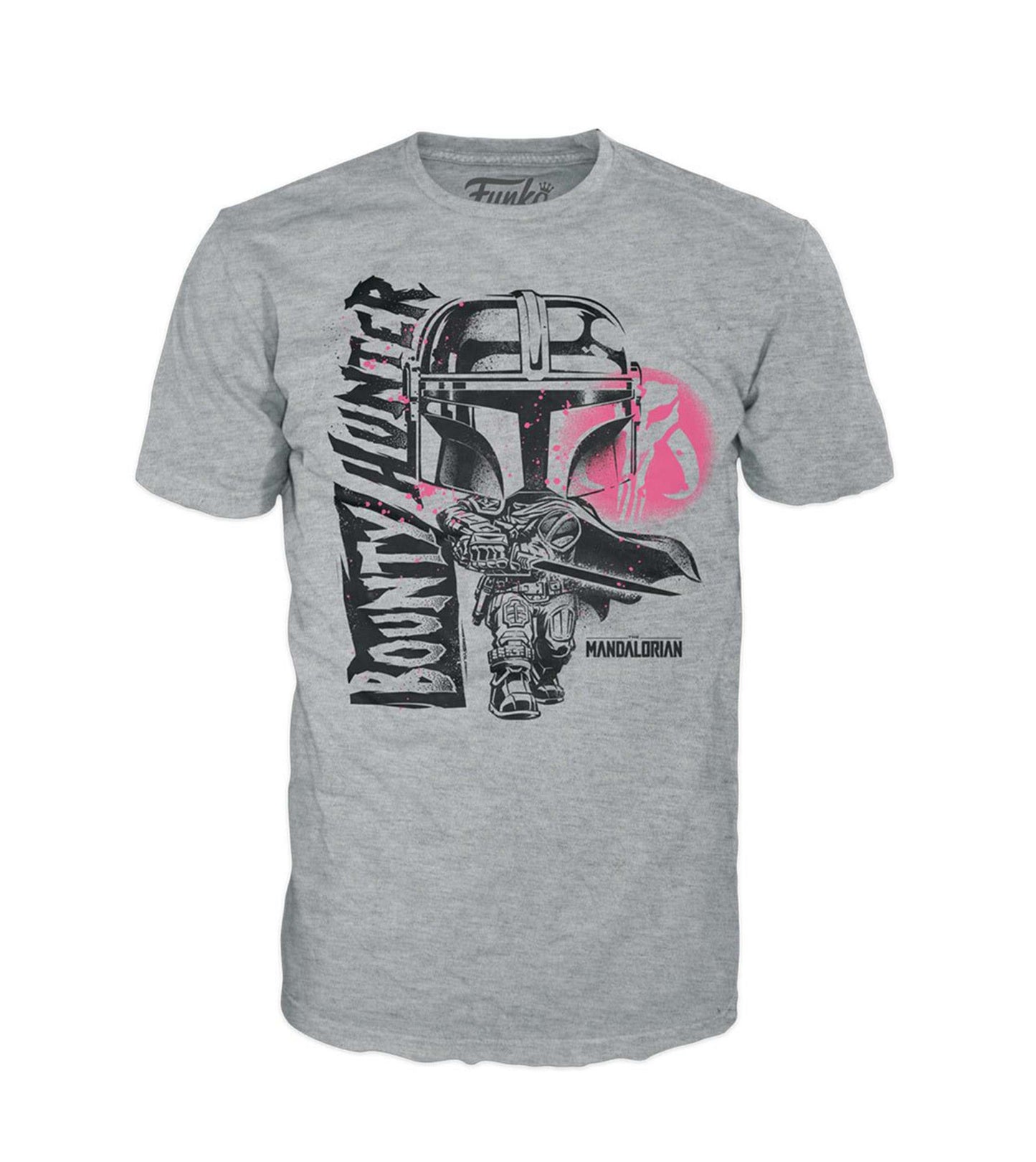 Star Wars Mandalorian - Funko Pop! The Mandalorian Tee featuring an image of a heather grey tee with a a black Chibi style image of Mando and the Words Bounty Hunter on it, pink mythosaur image on upper right sid