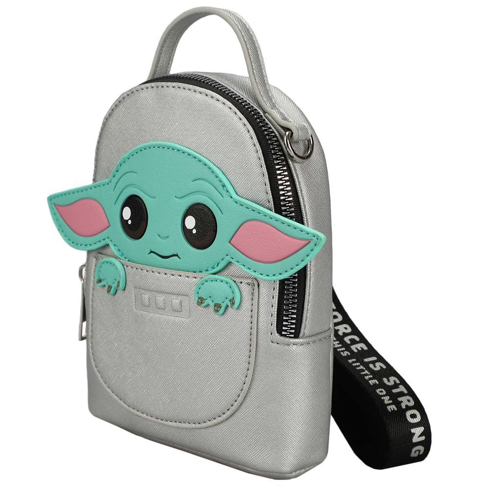 Angeled view of a mini travel bags silver with a Grogu vinyl applique, with black handle