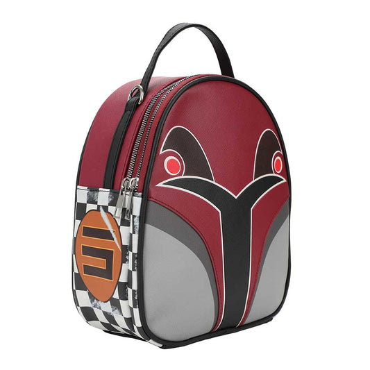 Angeled view of a mini backpack shaped like Sabine Wren of Star Wars helmet in shades of burgundy, black, grey, Lt grey, white and orange