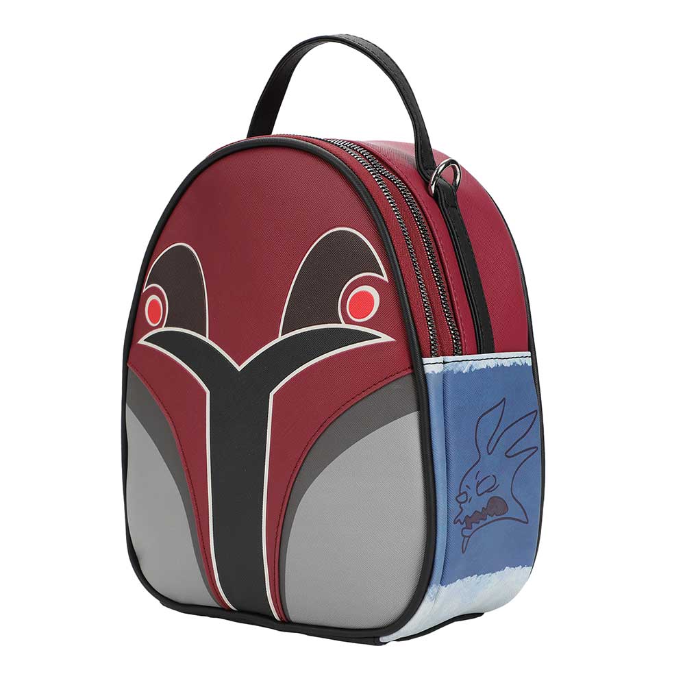 Angeled view of a mini backpack shaped like Sabine Wren of Star Wars helmet in shades of burgundy, black, grey, Lt grey, white and orange