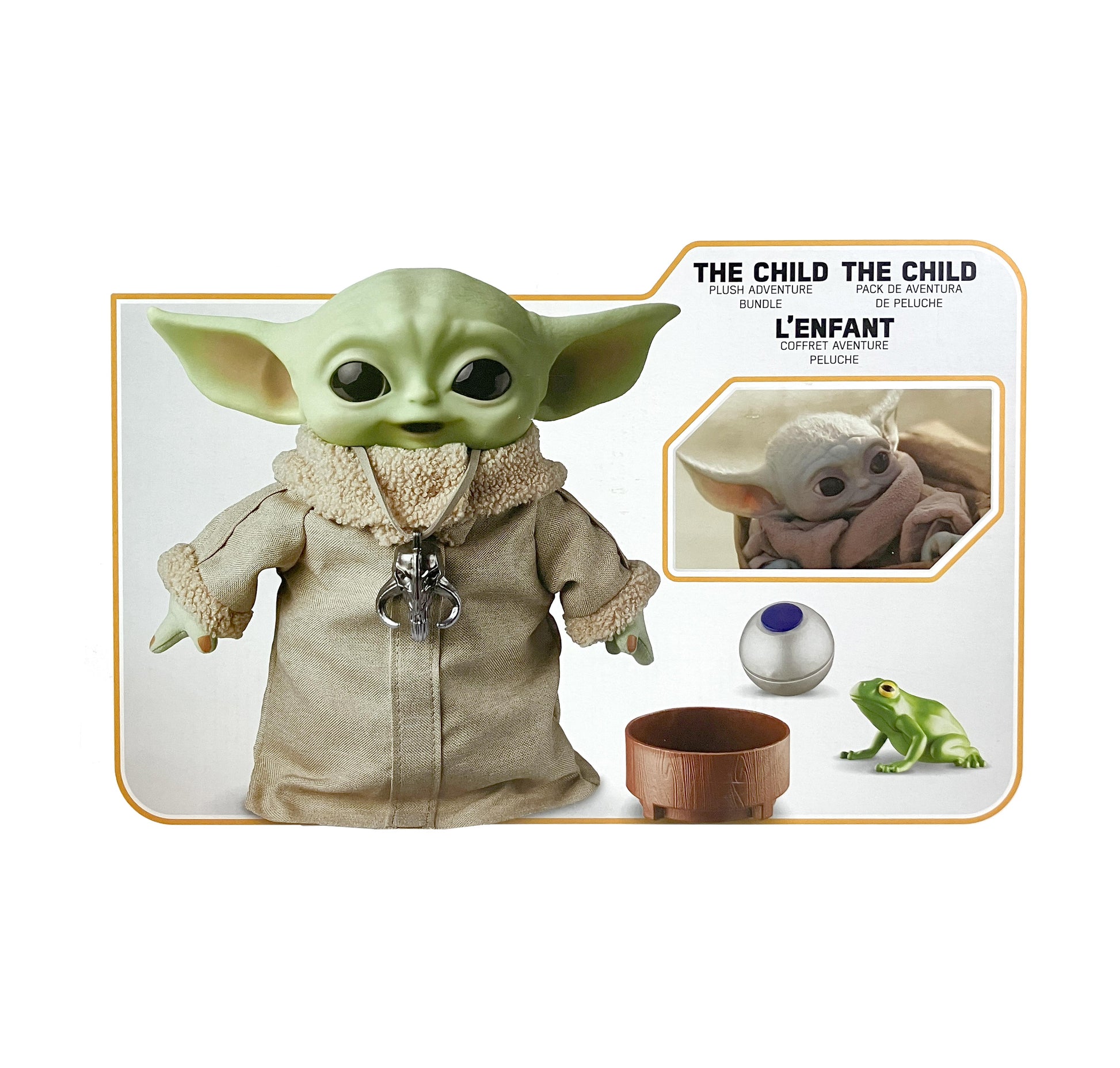 The Child,Baby Yoda, Grogu Plush with Adventure Kit: A cute plush toy of Grogu, packaged in a box with an included adventure kit which includes a frog, a bowl, shifter knob and Mythosaur pendant.